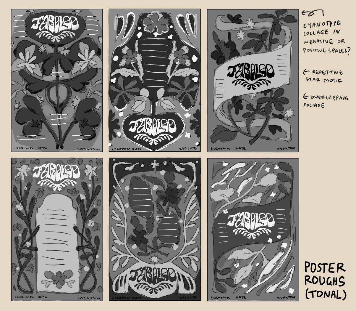 Tonal roughs for possible poster designs.