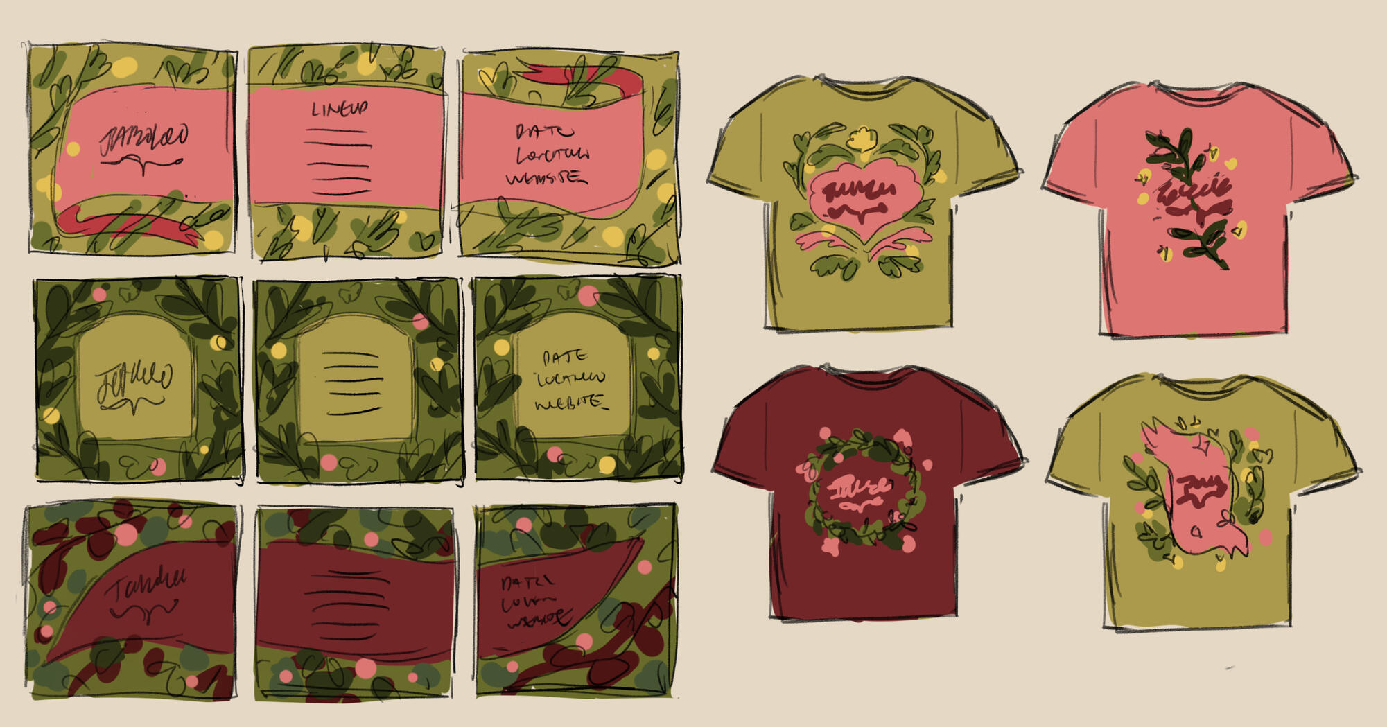 The initial roughs for the Instagram carousel and T-Shirt mockup.