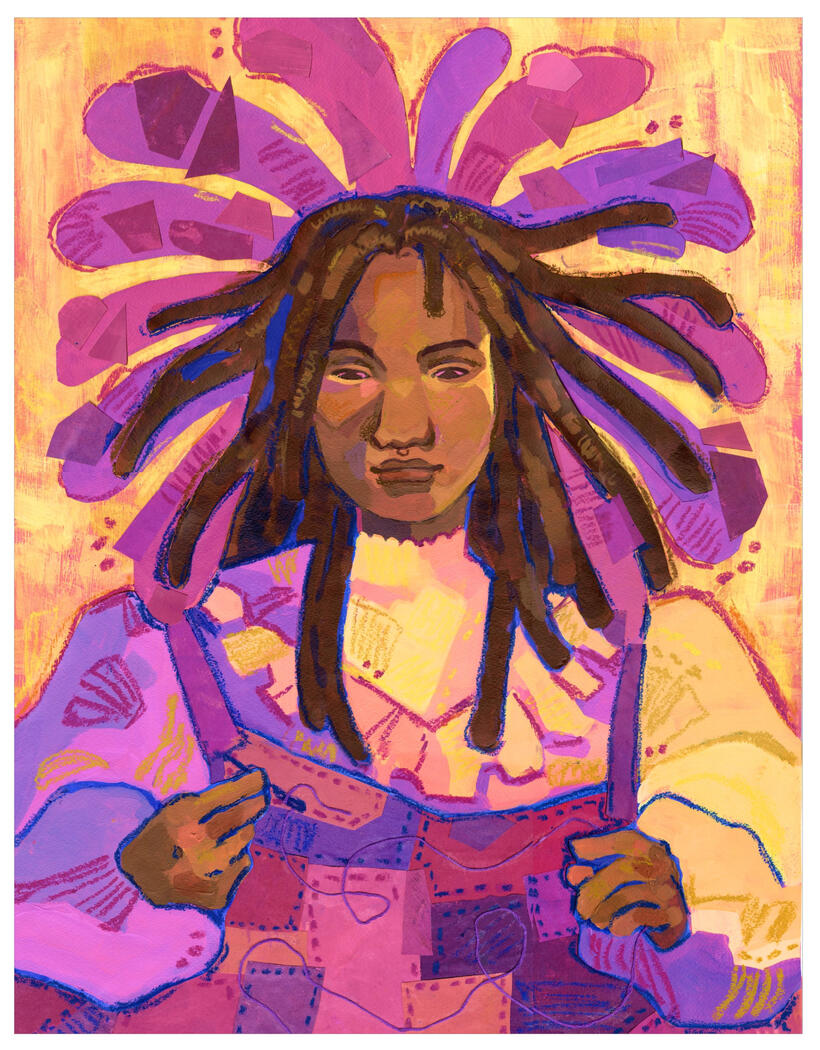 Theatre poster. Acrylic, oil pastel and fabric collage.